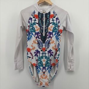 Venus Rash Guard One Piece Swimsuit Women 8 White Floral NWOT LS Zip Front